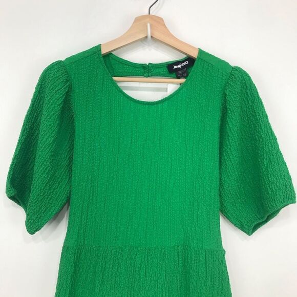 Desigual Green Textured Open Back Tiered Puff Sleeve Dress NEW - Picture 8 of 16